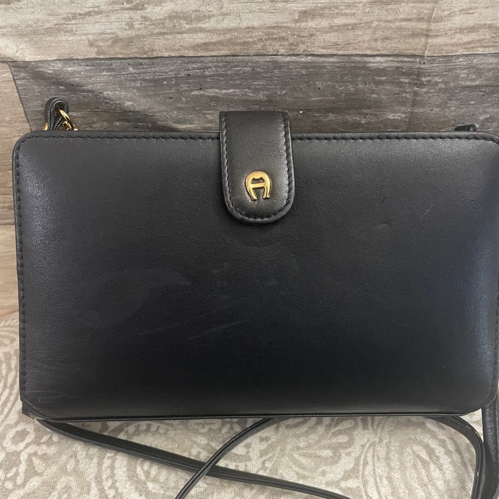 Etienne Aigner Black Leather Crossbody Bag Wallet Organizer Clutch Vintage Style - Picture 2 of 7
